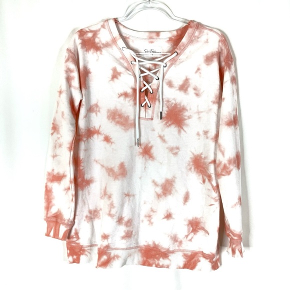 3/$30 Jessica Simpson | Pink White Tie Dye The Warm Up Lace Up French Terry Top - Picture 1 of 7